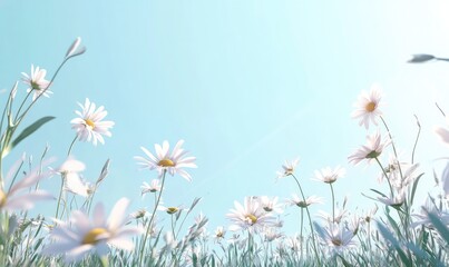 White Daisies in Grass with Blue Sky Background. AI generated illustration.