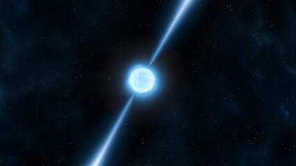 Pulsar on black background. Neutron star with radiation beams in deep space. Superdense remnant of a star.