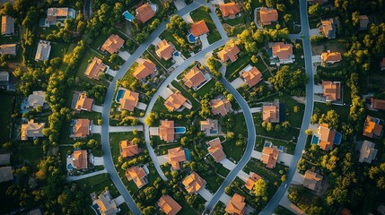 Aerial view of a residential neighborhood with winding streets.
