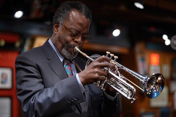 An older man playing the trumpet in a dimly lit room