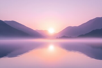 Fototapeta premium Serene sunrise over misty lake nestled between majestic purple mountains, reflecting peaceful tranquility.