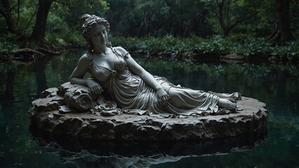 A statue of Ophinia, goddess of deep sleep, submerged in silent spring waters where dreams ripple into form