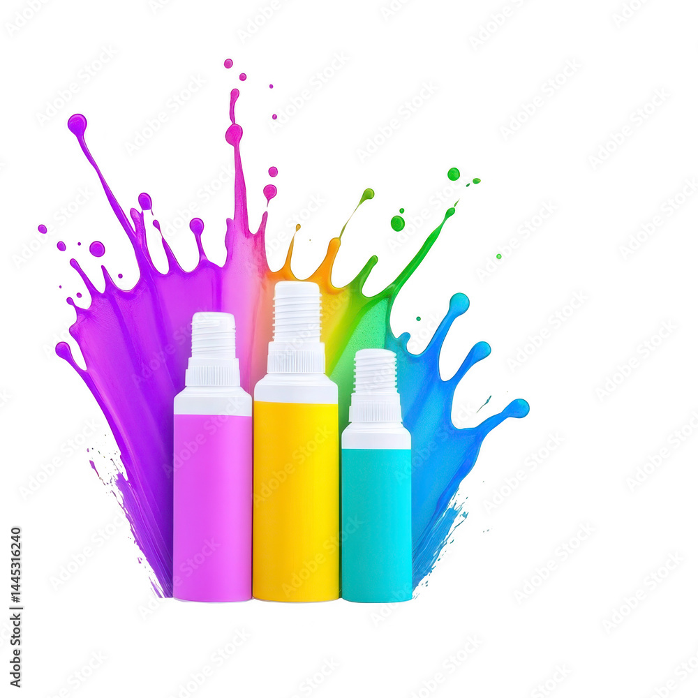 Poster colorful spray bottles with vibrant paint splashes create dynamic and artistic composition. image sh