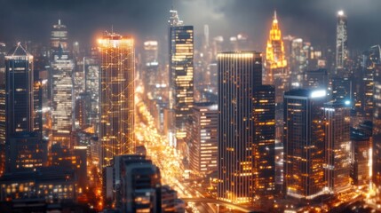 Fototapeta premium Cityscape Symphony: A sprawling cityscape at night, a mesmerizing display of towering skyscrapers illuminated by a radiant network of lights.