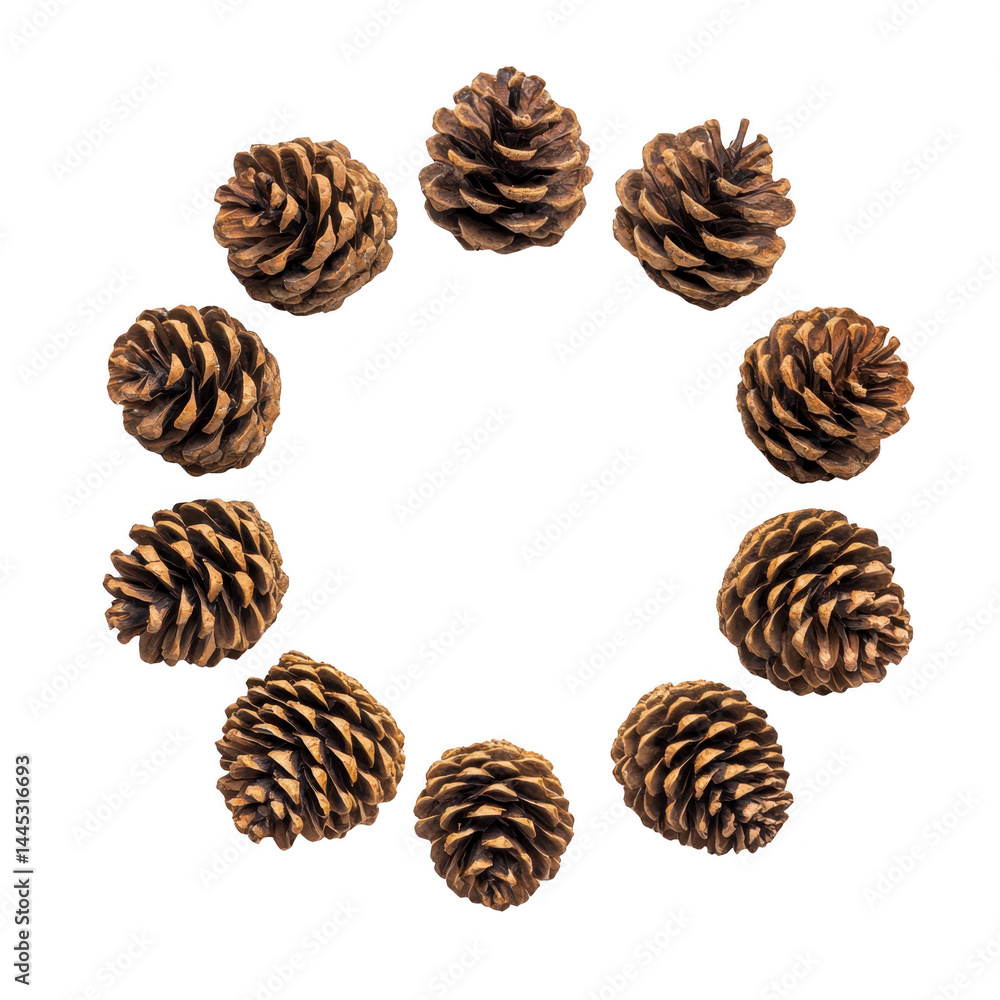 Poster ten pine cones are arranged in circular pattern on transparency background, creating natural and sym