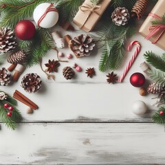 Christmas decorations, pine branches, rustic wooden background, ornaments, pinecones, candy cane, wrapped gifts, cinnamon sticks, star anise, red baubles, white ornament, natural elements
