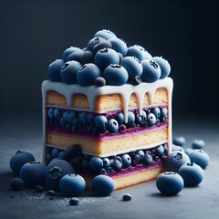 Hyperrealistic blueberry dessert, layered cake, creamy filling, fresh blueberries, studio lighting, dark background, high detail, food photography