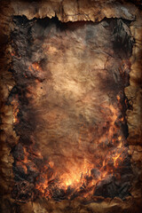 Burned old parchment paper with scorched edges and glowing fire flames creating dramatic and intense background texture for vintage or fantasy themes