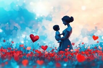 A digital illustration of a mother and child in a field of flowers.