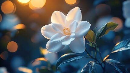 Fototapeta premium Delicate White Flower Blossom with Soft Bokeh Background in Serene Natural Setting Closeup of a beautiful fresh and vibrant floral with petals in focus and blurred colorful lights in the background