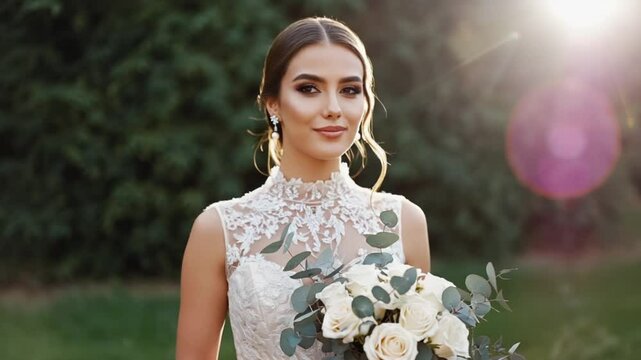 Smiling blonde bride in a fashionable wedding dress, her beauty radiating happiness outdoors