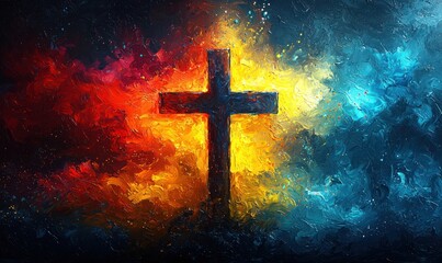 Fototapeta premium Fiery and icy swirls engulf a dark cross, creating a vibrant, contrasting image