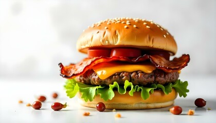 Tasty burger with bacon on white background