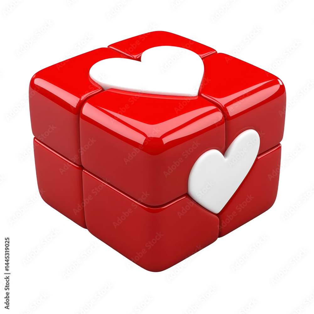Poster red cube puzzle with heart shaped cutouts on its sides, featuring glossy finish and playful design. 