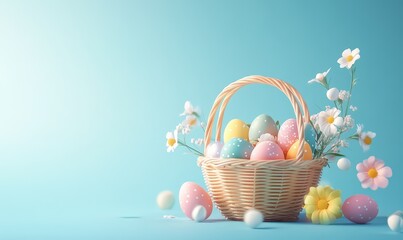 Colorful Easter Basket with Spring Flowers on Blue Background. AI generated illustration.