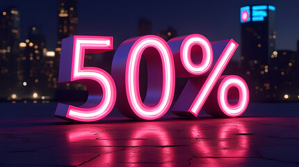 Glowing 50% Glowing Fifty Percent Off Text on Black Background Discount tag sun rays gradient banner. Light burst background. Up to 50 percent off sale.Discount offer price sign. Special offer symbol