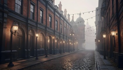 Obraz premium Foggy Cobblestone Street in Historic City