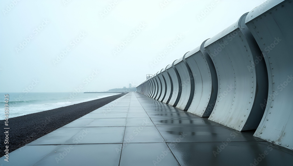 Poster close?up view of reinforced tsunami barrier wall with energy?absorbing panels and access walkway und