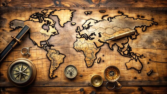 Ancient navigation tools lying on a wooden table with a large map of the world spread out on it, exploration, map