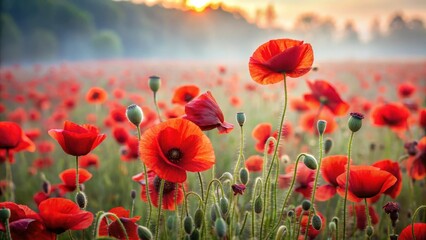 A field of bright red poppy flowers swaying gently in the breeze on a misty Remembrance Day morning , nature