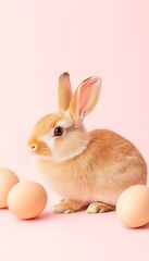 Obraz premium A cute, light brown bunny sits beside three pale eggs against a soft pink background