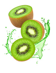 Fresh Kiwi Slices with Juice Splash on Transparent Background