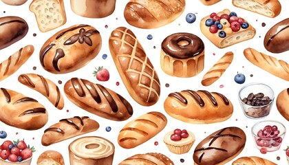 Watercolor Seamless Pattern of Delicious Bakery Goods and Berries