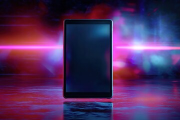 A modern tablet stands upright on a reflective surface, illuminated by vibrant neon lights in a futuristic setting.