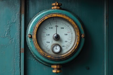 An old round pressure gauge with indicators and numbers on display