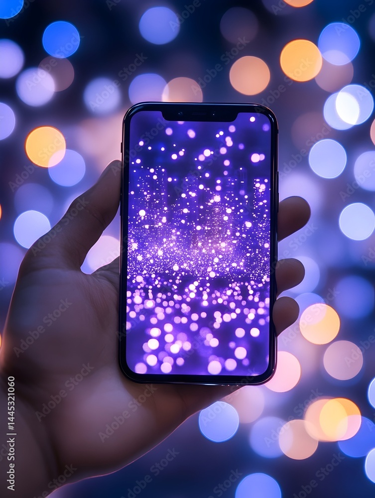Poster a hand holds a smartphone displaying a vibrant bokeh effect mirroring the out-of-focus lights in the