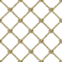 Seamless nautical style rope pattern with knots. Fishing nautical net. Watercolor illustration for fabric, cover, wrapping.