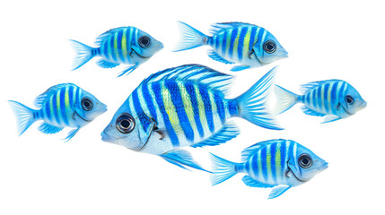 Vibrant School of Blue Tropical Striped Fish Swimming in Isolated Ocean
