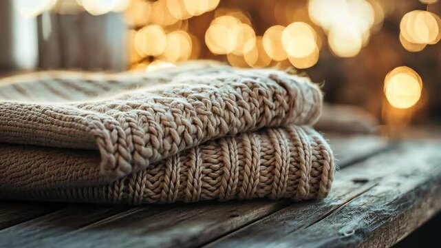 Cozy sweater stack on rustic wooden table with warm bokeh lights
