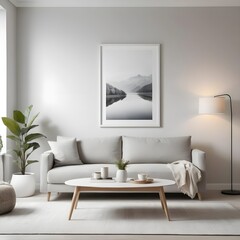 Modern Minimalist Living Room Interior with Gray Sofa and Lake Landscape Artwork