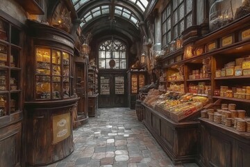 An old shop interior is filled with various food items and supplies