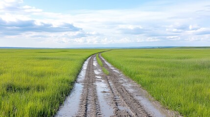 Rural dirt road through a grassy field.  A path winding through a vibrant green field under a partly cloudy sky