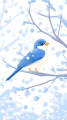 Obraz premium A small blue bird perches on a snow-covered branch, amidst a wintery scene of delicate branches and softly falling snow