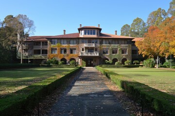 An old sprawling building surrounded by greenery and trees