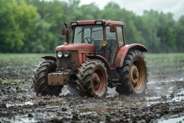 Obraz premium An old tractor driving through a muddy field in the rain