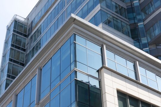 Modern glass office building with reflective windows and contemporary architectural design. - Powered by Adobe