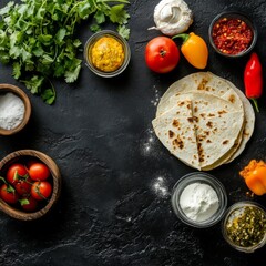 Top-down: quesadilla ingredients on dark.