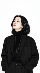 A woman with short black hair, wearing a black turtleneck and blazer, poses against a white background