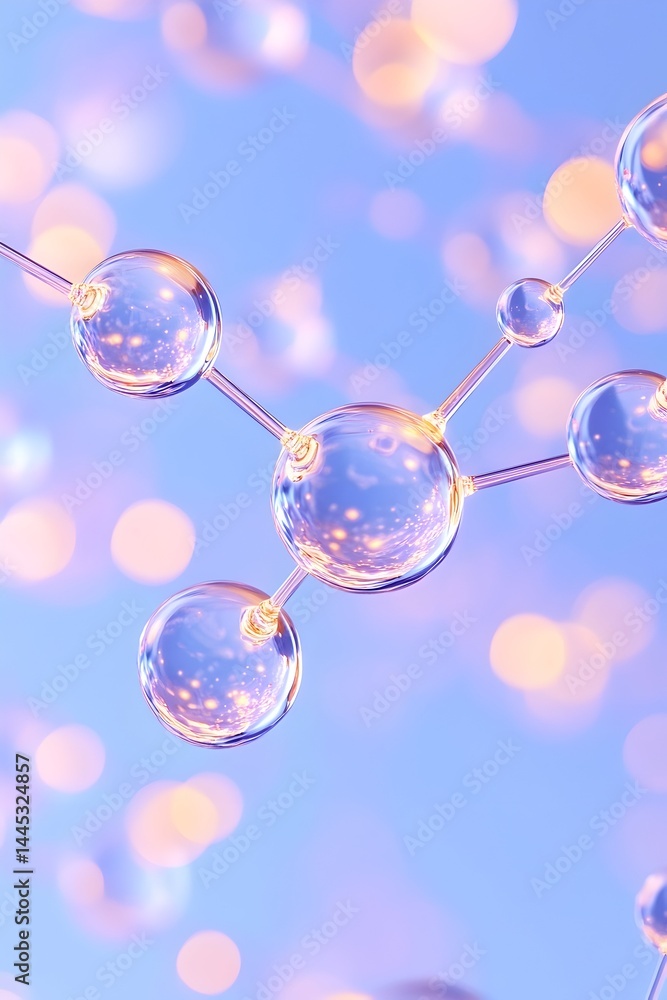 Aufkleber abstract 3d render of a molecule structure with glowing orbs, set against a soft, pastel blue bokeh 