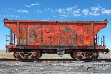 Naklejka premium An old weathered freight train car sits on the railway track