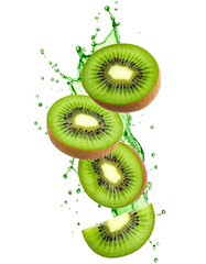 Fresh Kiwi Slices with Juice Splash on Transparent Background