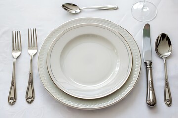 Top view of empty plate and cutlery arranged on clean white table