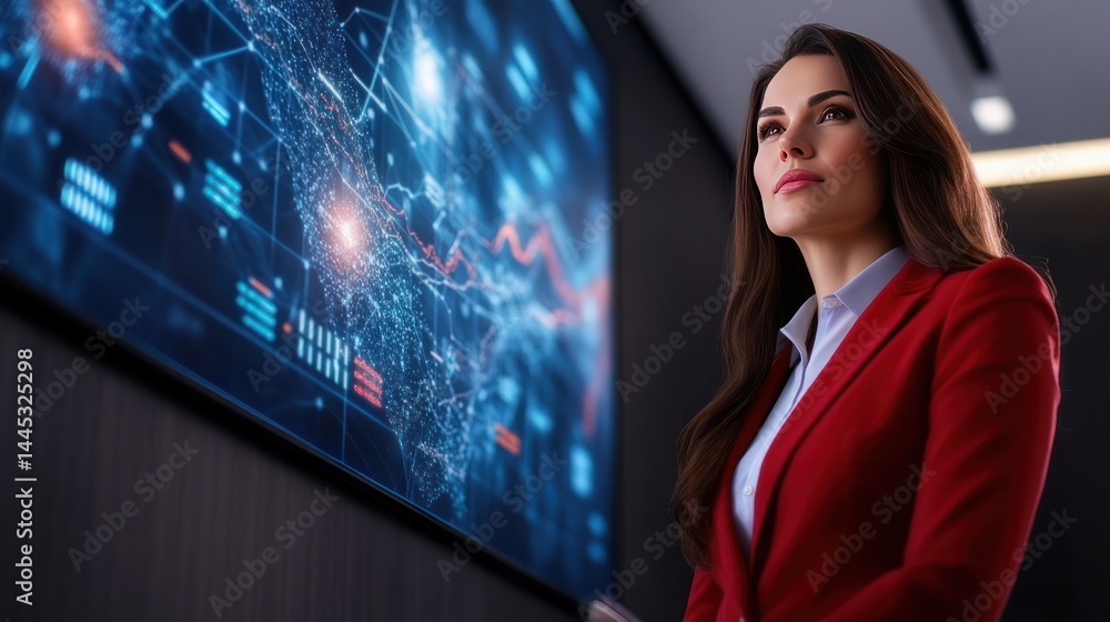 Poster visionary analytics: a sharp, business-savvy professional exudes confidence as she gazes intently at