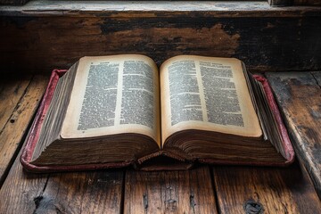 Obraz premium An old weathered open book resting on a wooden surface