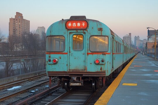 An old weathered passenger train is stopped at a city station