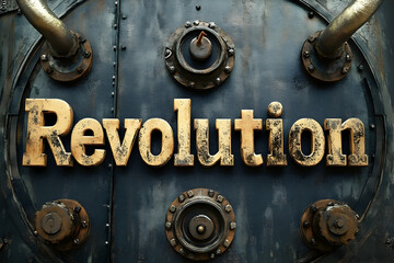 Revolution gold text industrial metal background